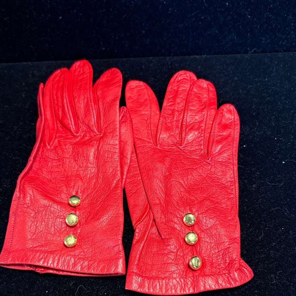 Kids Red Leather Gloves with Gold Button Detail